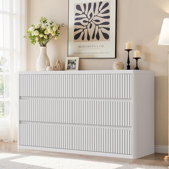 White 6 Drawers Double Dresser, Fluted Dresser - Image 4