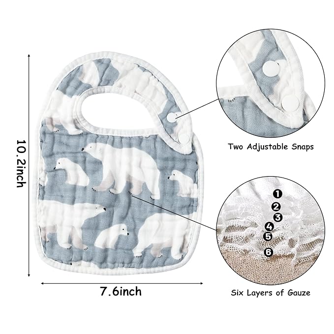 Zainpe 6Pcs Muslin Cotton Baby Bibs Snowflake Polar Bear Pattern Burp Cloths - Image 2