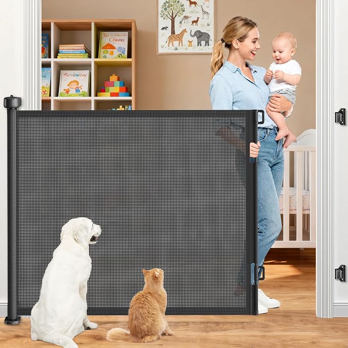 71 Inch Retractable Baby Gates Extra Wide, 41 Inch Reinforced Extra Tall Gate by EZIGO