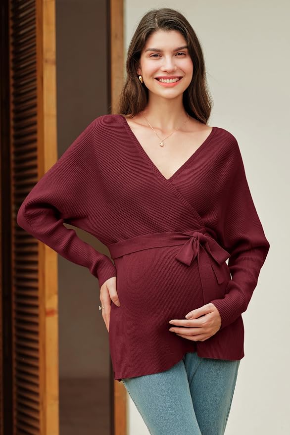 OUGES Womens Soft Cotton Blend Maternity Sweater Wrap V Neck Long Sleeve V Back - Image 5