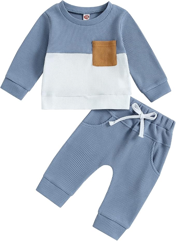 Toddler Baby Boy Fall Clothes Waffle Contrast Color Sweatshirt Pants Sets by GGBNOMER