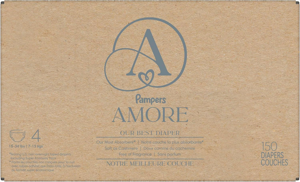 Pampers Amore, Size 4 (15-34 lbs), 150 Count, Our Best Diaper – Hypoallergenic & Fragrance Free, Up to 100% Leakproof, Soft as Cashmere