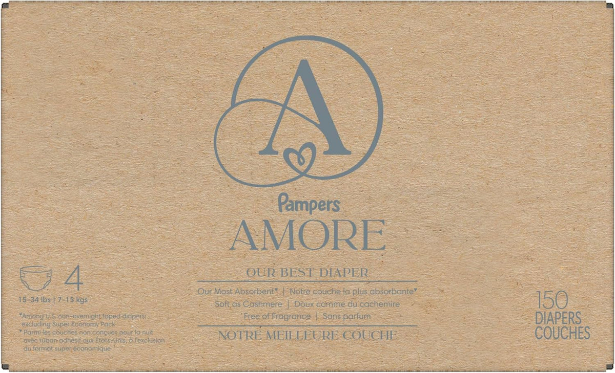 Pampers Amore, Size 4 (15-34 lbs), 150 Count, Our Best Diaper – Hypoallergenic & Fragrance Free, Up to 100% Leakproof, Soft as Cashmere
