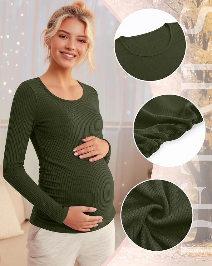 Riyiper 4 Pack Women's Maternity Shirts, Long Sleeve Cotton Ribbed Pregnancy - Image 5