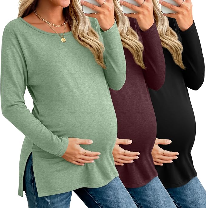Riyiper 3 Pack Women's Maternity Long Sleeve T-Shirts Round Neck Side Split by Riyiper