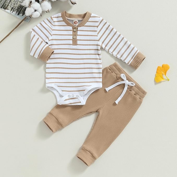 Newborn Baby Boy Girl Clothes Ribbed Knitted Long Sleeve Romper Pants Solid - Image 2