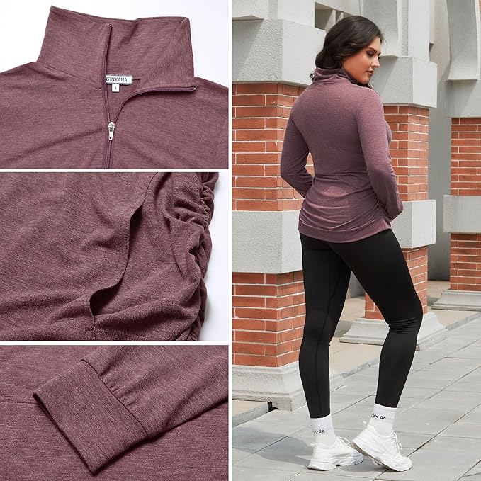 GINKANA Maternity Women's Long Sleeve Shirt Half Zipper Lapel Lightweight - Image 6