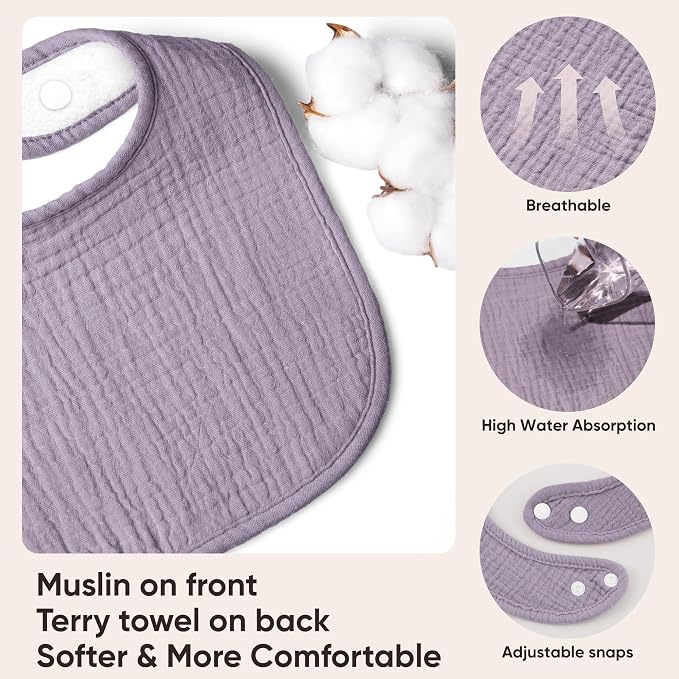 Bearmoss Muslin Baby Drooling Bibs 8 Pack, 100% Cotton Square Adjustable - Image 2