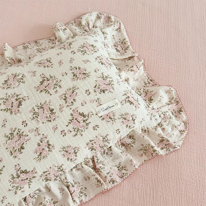 AOJIM Pink Floral Kids Toddler Pillowcase 1 Piece Super Soft Muslin Cotton - Image 2