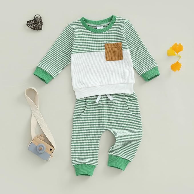 Toddler Baby Boy Fall Clothes Waffle Outfit Long Sleeve Color Blocking - Image 6