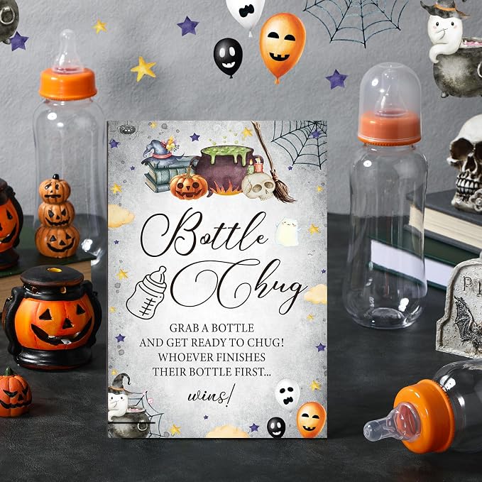 TrelaCo Halloween Cool Baby Shower Games Bottle Chug Sign Wooden Halloween Boo - Image 2