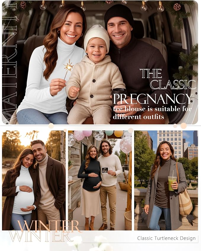 Ficerd 3 Pack Women's Maternity Shirts, Turtleneck Long Sleeve Pregnancy Tops - Image 5