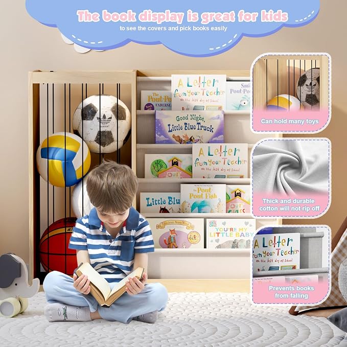 Natural Wood Kids Bookshelf & Stuffed Animal Net Holder Plush Toy Storage - Image 4