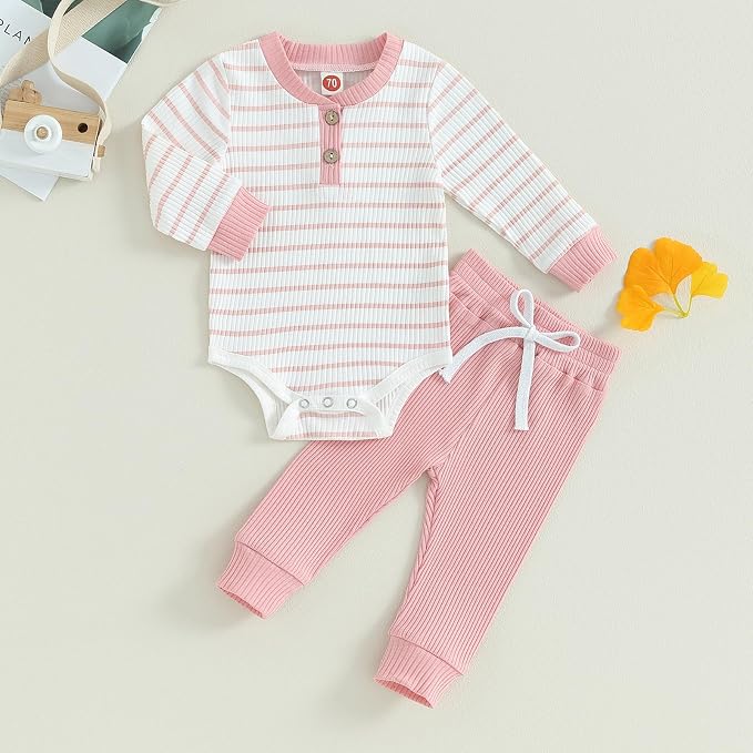 Newborn Baby Boy Girl Clothes Ribbed Knitted Long Sleeve Romper Pants Solid - Image 2