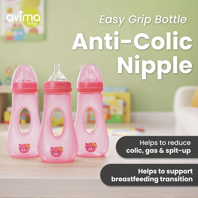 Avima Easy Grip Anti Colic Baby Bottles, BPA Free, 8 oz. Wide Neck w/Medium - Image 2