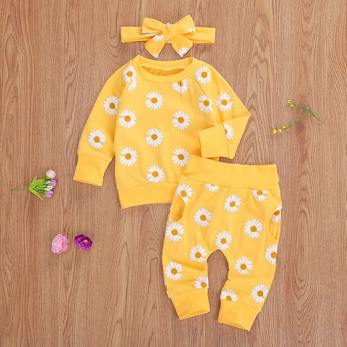 3Pcs Baby Girl Outfits Daisy Sweatshirt + Pants + Headband Infant Fall Winter - Image 5