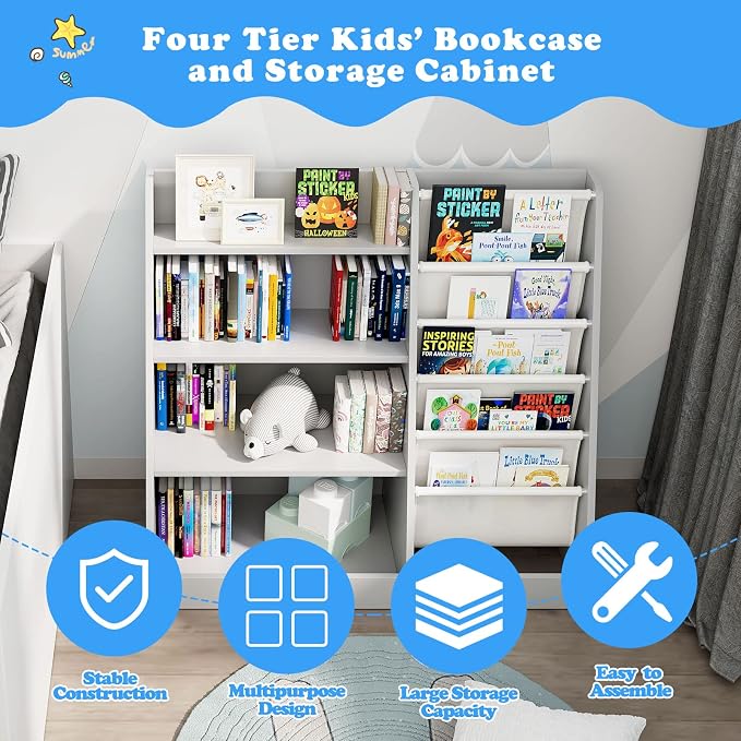 Gray 4 Tier Kids Wooden Bookshelf, Five Layer Sling Toddler Front Facing - Image 6