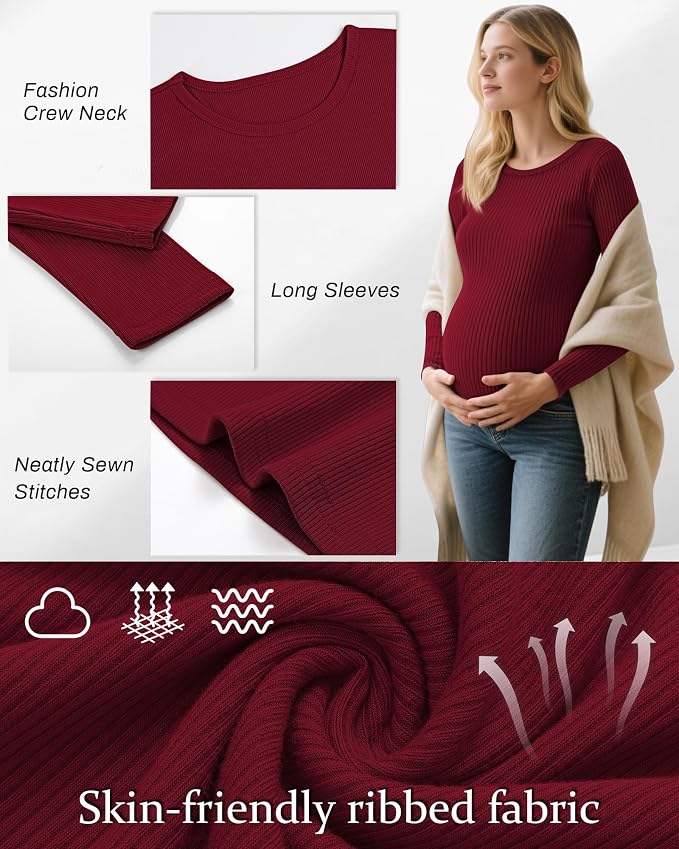 Riyiper 3 Pack Women's Maternity Shirts Long Sleeve Ribbed Knit Pregnancy Tees - Image 3
