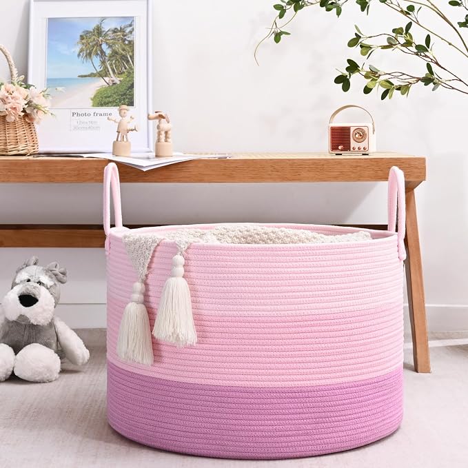 67L Rainbow Storage Basket for Organizing, Cotton Rope Woven Blanket Basket - Image 3