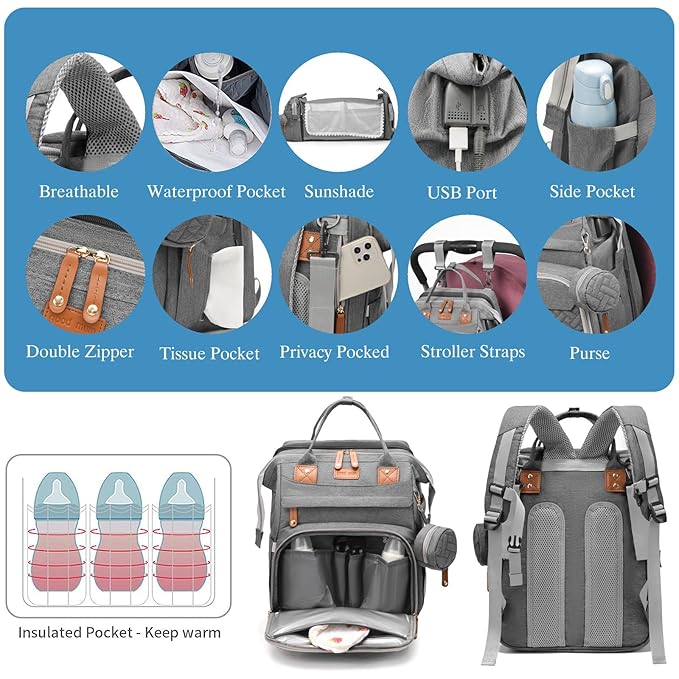 Jeryswet Baby Diaper Bags with Changing Station, Waterproof Large Capacity - Image 5
