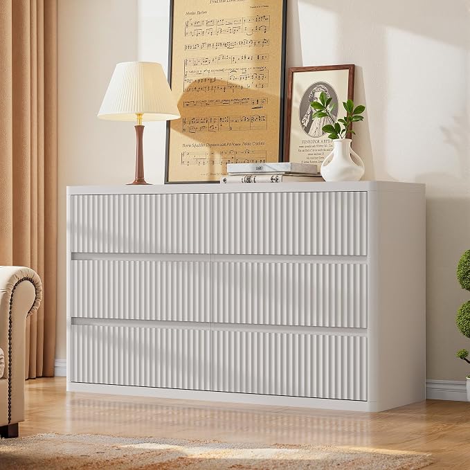 White 6 Drawers Double Dresser, Fluted Dresser by StandifurnoFurniture