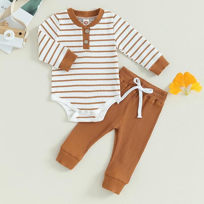Newborn Baby Boy Girl Clothes Ribbed Knitted Long Sleeve Romper Pants Solid - Image 2