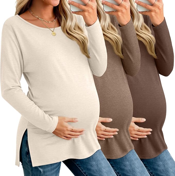 Riyiper 3 Pack Women's Maternity Long Sleeve T-Shirts Round Neck Side Split by Riyiper