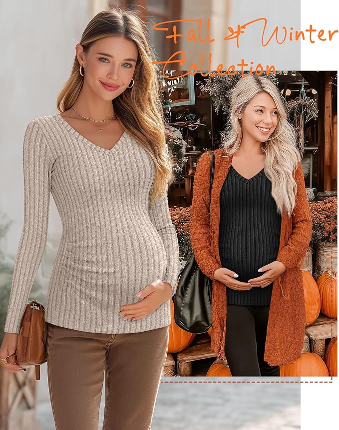 Ficerd 3 Pack Women's Maternity Shirts Ribbed Long Sleeve Pregnancy Tops V Neck - Image 5