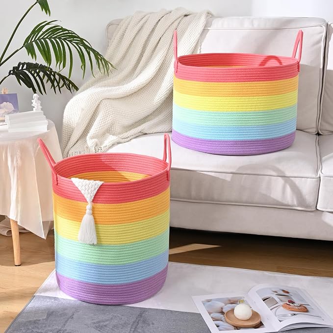 52L Rainbow Storage Basket for Organizing, Cotton Rope Woven Blanket Basket - Image 4