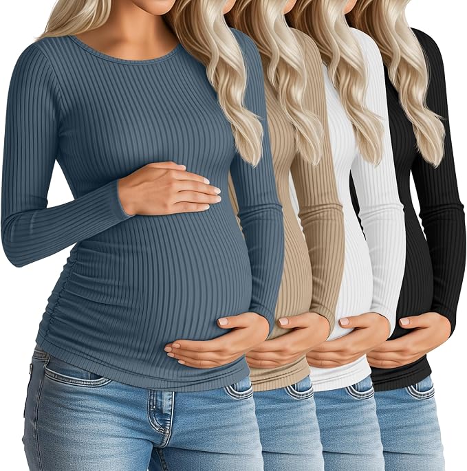 Huukeay 4 Pack Women's Maternity Shirts, Long Sleeve Cotton Ribbed Pregnancy by Huukeay