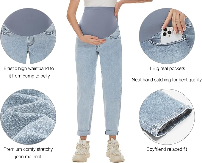 POSHGLAM Women's Maternity Jeans Over Belly Comfy Stretch 28'' Boyfriend Jeans - Image 2