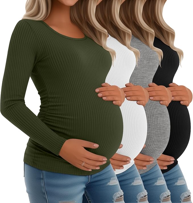 Riyiper 4 Pack Women's Maternity Shirts, Long Sleeve Cotton Ribbed Pregnancy by Riyiper