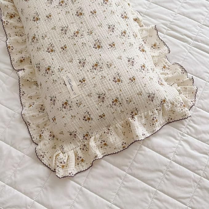 BuLuTu Cotton Muslin Pillow Case King Pillowcase Sweet Floral Design - Image 5