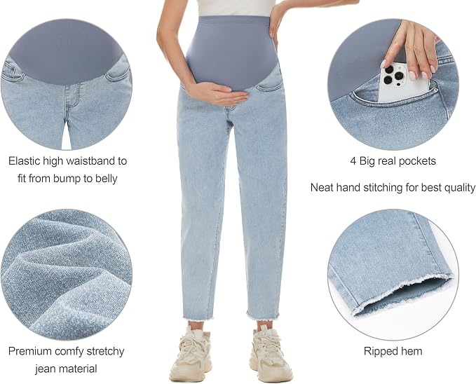 POSHGLAM Women's Maternity Jeans Over Belly Comfy Stretch 28'' Boyfriend Jeans - Image 2