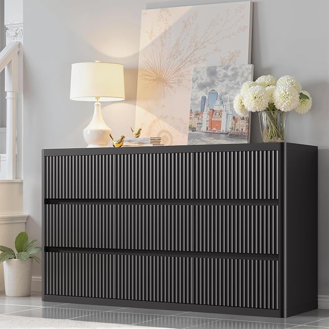 Black 9 Drawers Dressers for Bedroom, Curved Profile, Modern Flute Dresser TV - Image 4