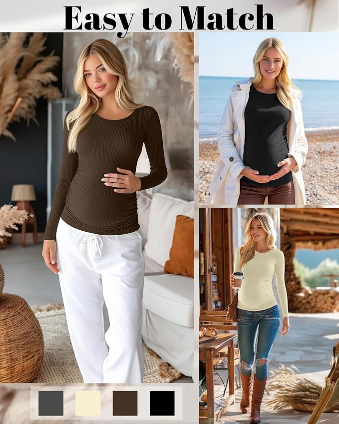 Huukeay 4 Pack Women's Maternity Shirts, Long Sleeve Cotton Ribbed Pregnancy - Image 4