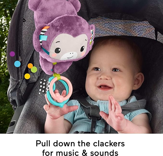 Fisher-Price Baby Stroller Toy Sing & Go Purple Monkey Musical Sensory Plush - Image 4