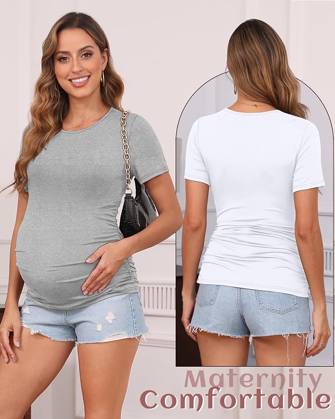 Huukeay 4 Pack Women's Maternity Shirts, Crew Neck Maternity Top Short Sleeve - Image 2