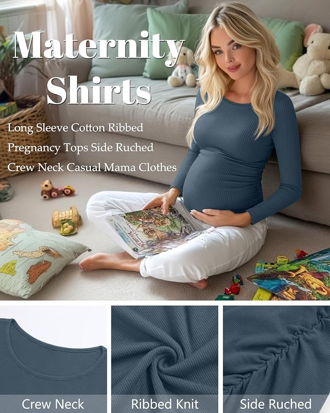 Huukeay 4 Pack Women's Maternity Shirts, Long Sleeve Cotton Ribbed Pregnancy - Image 5