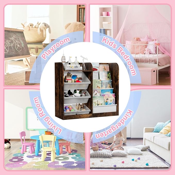 Rustic Kids Wood Bookshelf Toy Storage Box Organizer Shelf W/4 Removable - Image 4