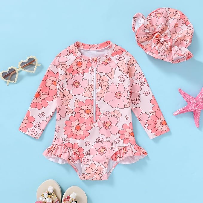 Infant Baby Girl Swimsuit One-Piece Long Sleeve Rash Guard - Image 2