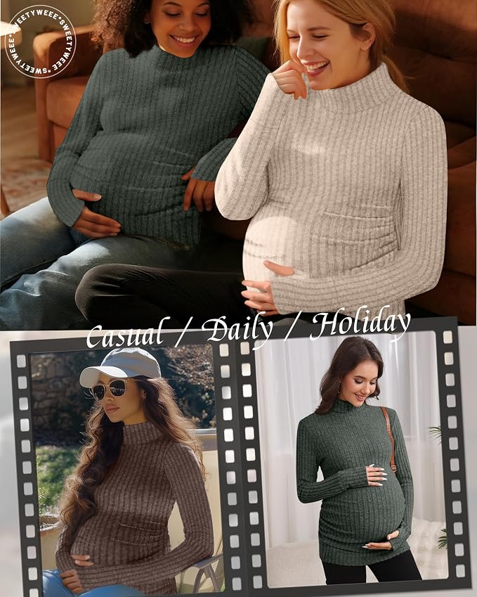 3 Pack Maternity T-Shirts Pregnancy Tops Women Sweater Long Sleeve Turtleneck - Image 5