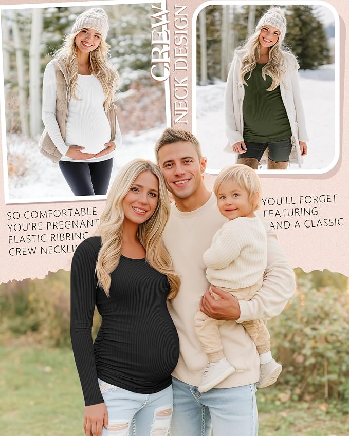 Riyiper 4 Pack Women's Maternity Shirts, Long Sleeve Cotton Ribbed Pregnancy - Image 4