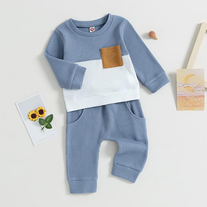 Toddler Baby Boy Fall Clothes Waffle Contrast Color Sweatshirt Pants Sets - Image 3