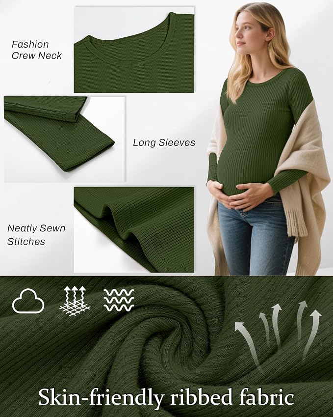 Riyiper 3 Pack Women's Maternity Shirts Long Sleeve Ribbed Knit Pregnancy Tees - Image 3