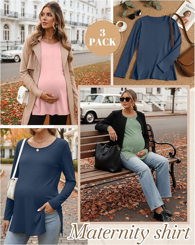 Riyiper 3 Pack Women's Maternity Long Sleeve T-Shirts Round Neck Side Split - Image 4