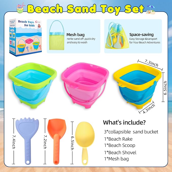 Collapsible Beach Sand Bucket 3 Packs Foldable Buckets Set - Image 2