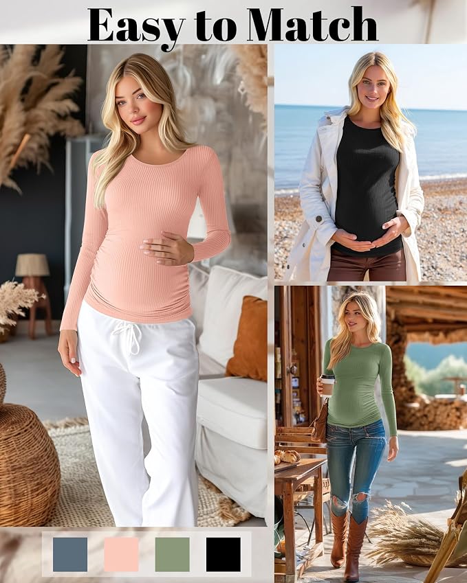 Huukeay 4 Pack Women's Maternity Shirts, Long Sleeve Cotton Ribbed Pregnancy - Image 4
