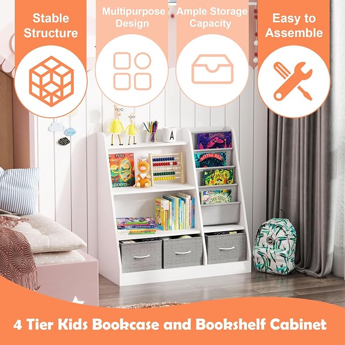 White Kids Bookshelf Wood Toy Storage Organizer Cabinet Children Bookcase - Image 6