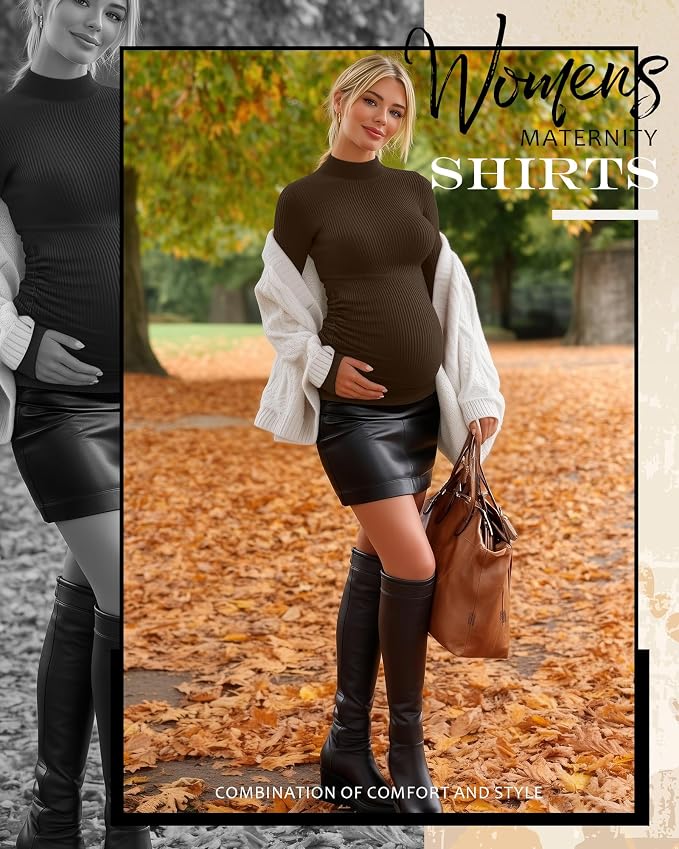 4 Packs Womens Maternity Shirts Long Sleeve Cotton Ribbed Pregnancy Mock Neck - Image 2